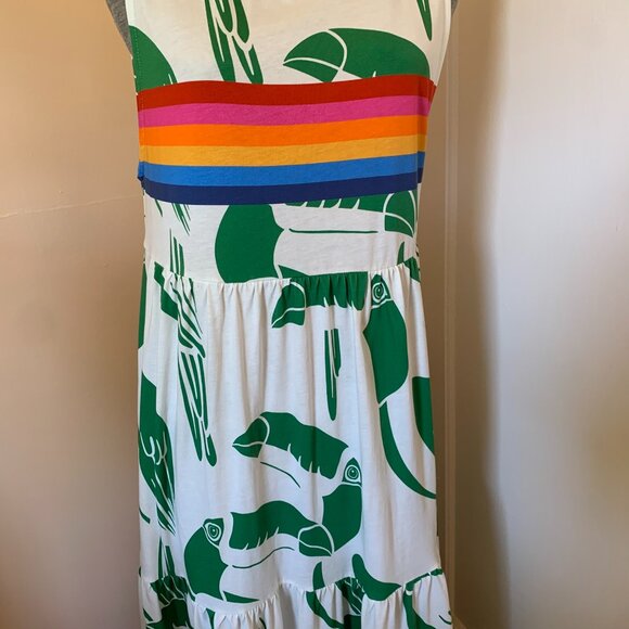 FARM RIO S Tiered Maxi Dress Rainbow Green Toucans White T-shirt Knit Comfy - Picture 4 of 9